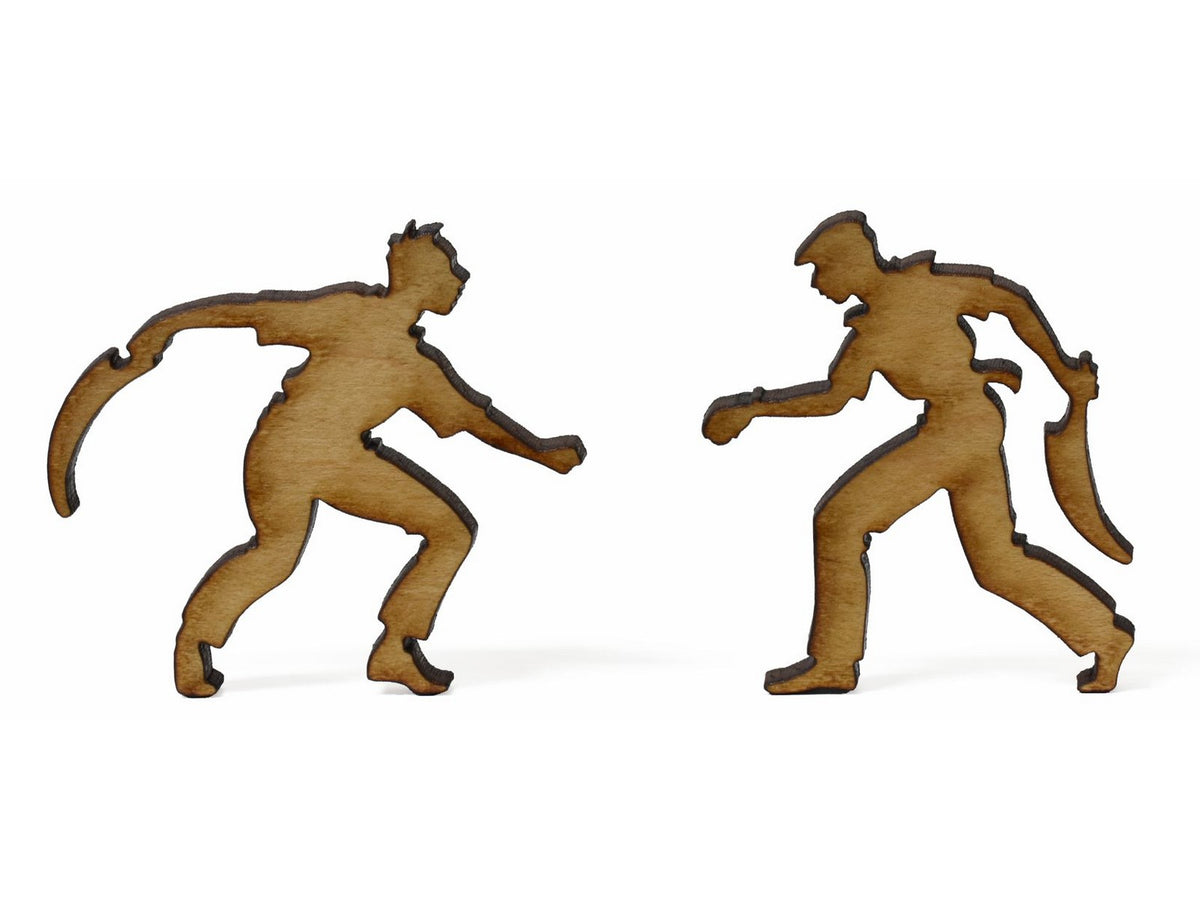 A closeup of pieces showing people playing pelota.