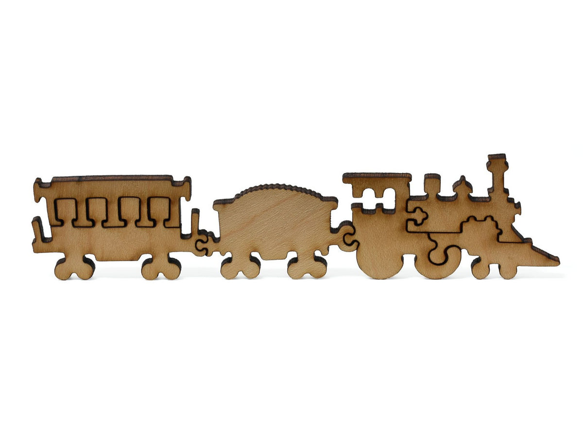 A closeup of pieces showing a toy train.
