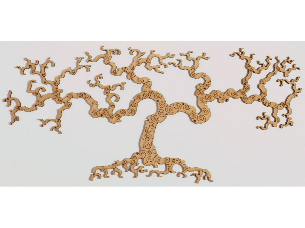A closeup of pieces that form an alternative solution in the shape of a tree.