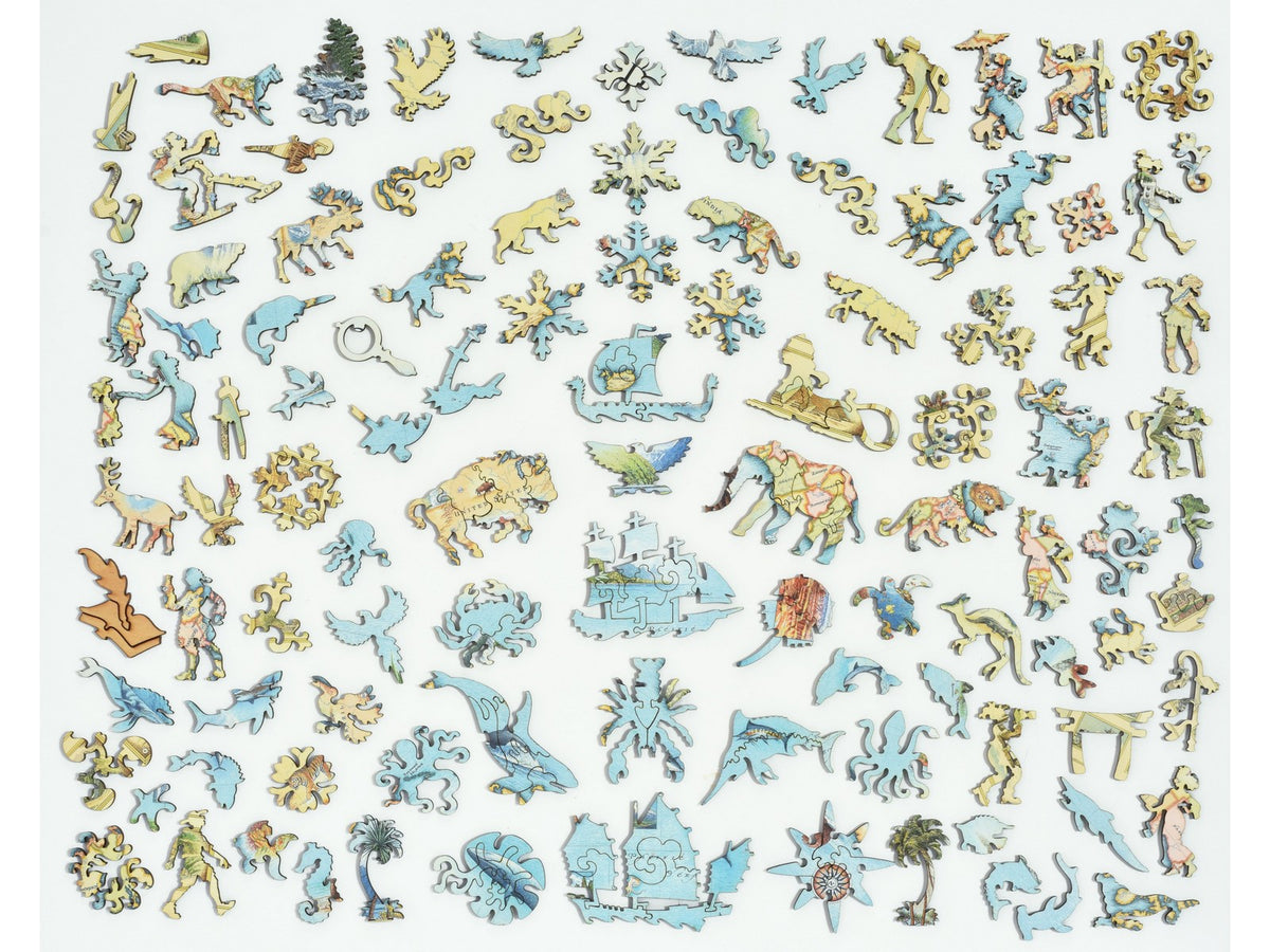 The whimsy pieces that can be found in the puzzle, The World Map.