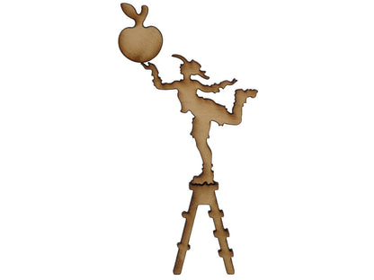A closeup of pieces shaped like an apple picker on a ladder.
