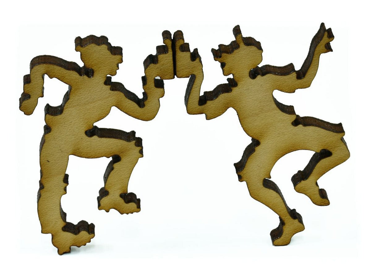 A closeup of pieces in the shape of two people clinking their glasses together.