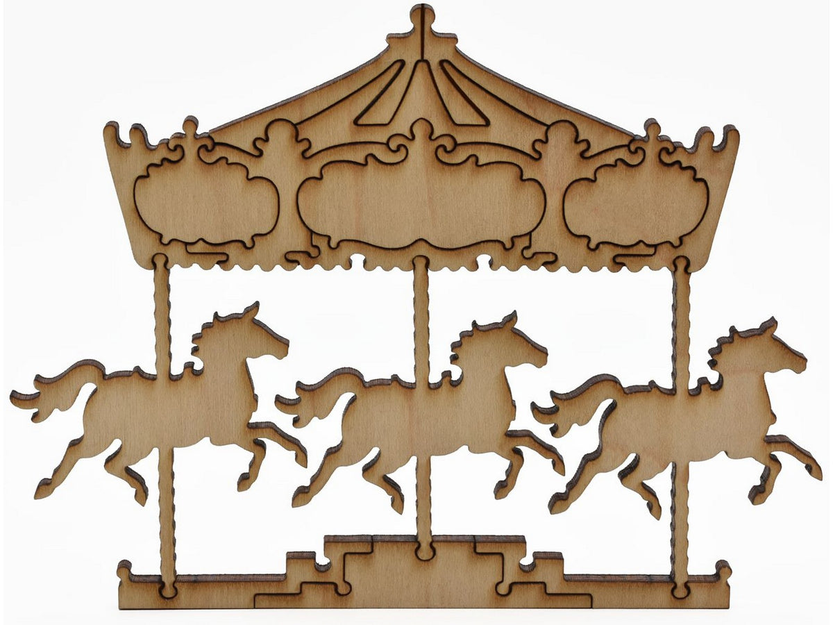 A closeup of pieces in the shape of a large multi-piece carousel.