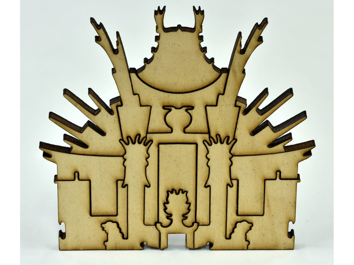 A closeup of pieces in the shape of a Chinese Theater.
