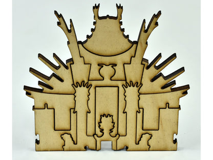 A closeup of pieces in the shape of a Chinese Theater.