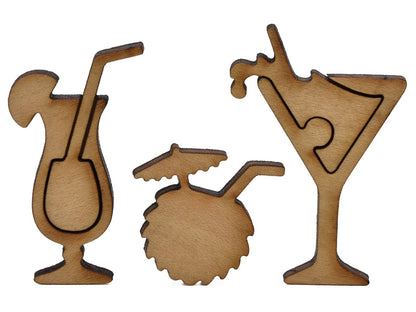 A closeup of pieces shaped like three cocktails.