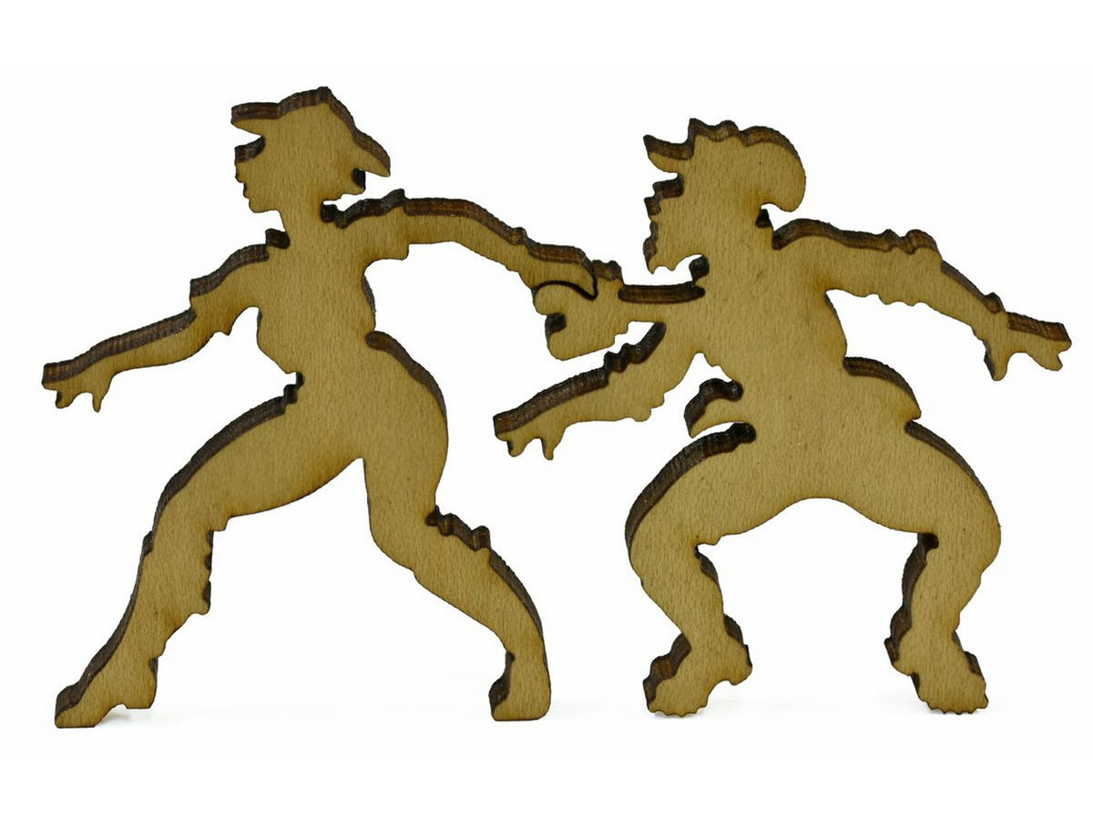 A closeup of pieces showing two people on safari.
