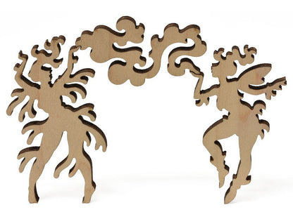 A closeup of pieces that show two fairies from Canoe of Fate.