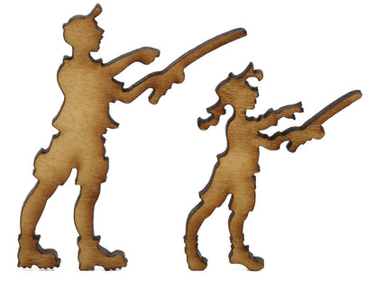 A closeup of pieces shaped like an adult and child fishing.