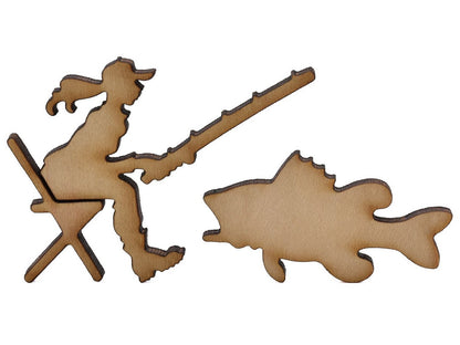A closeup of pieces shaped like a person fishing and a fish.