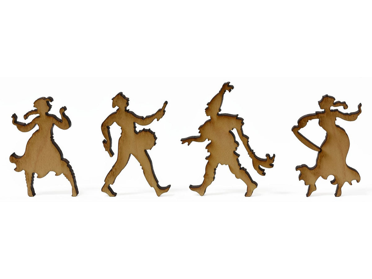 A closeup of pieces showing dancers and revelers.