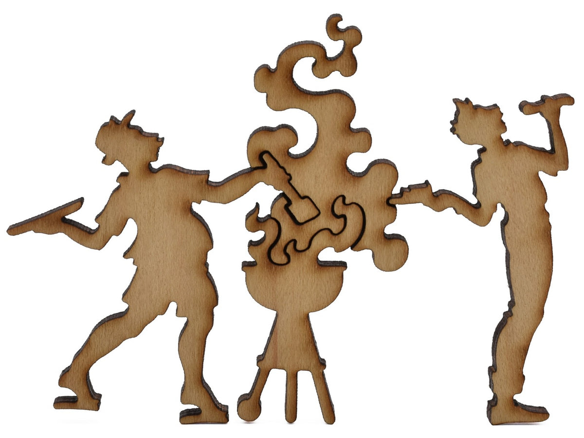 A closeup of pieces shaped like people grilling.