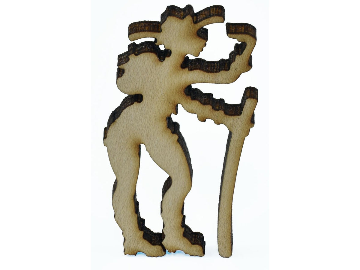 A closeup of a piece shaped like a hiker.