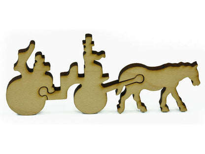 A closeup of some pieces showing a horse and carriage.