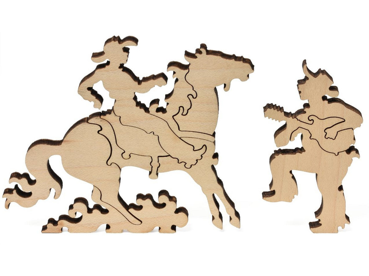 A closeup of pieces showing a man on a horse and a man playing mandolin from the puzzle, How the West Was One.