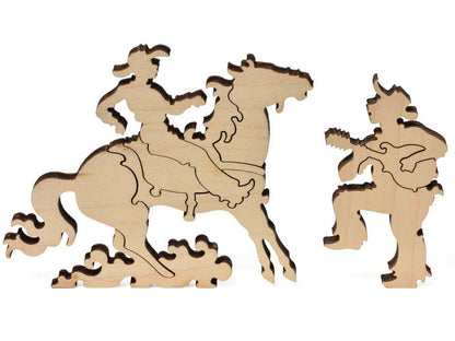 A closeup of pieces showing a man on a horse and a man playing mandolin from the puzzle, How the West Was One.