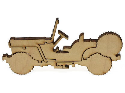A closeup of pieces showing a jeep.