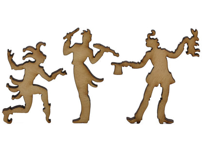 A closeup of pieces shaped like a jester, a violinist, and a magician pulling a rabbit out of a hat.