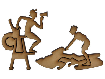 A closeup of pieces shaped like a lifegaurd in a tower and a person on a jetski.
