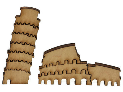 A closeup of pieces showing the Leaning Tower of Pisa and the Colosseum.