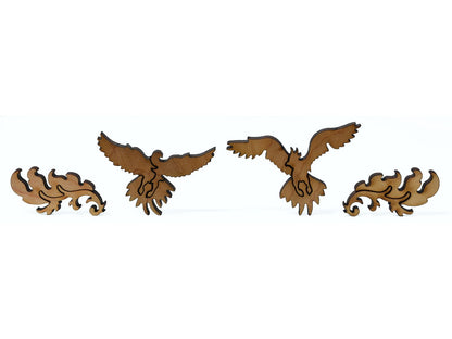A closeup of pieces showing two birds and feathers.