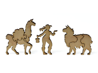 A closeup of pieces showing a woman with two llamas.