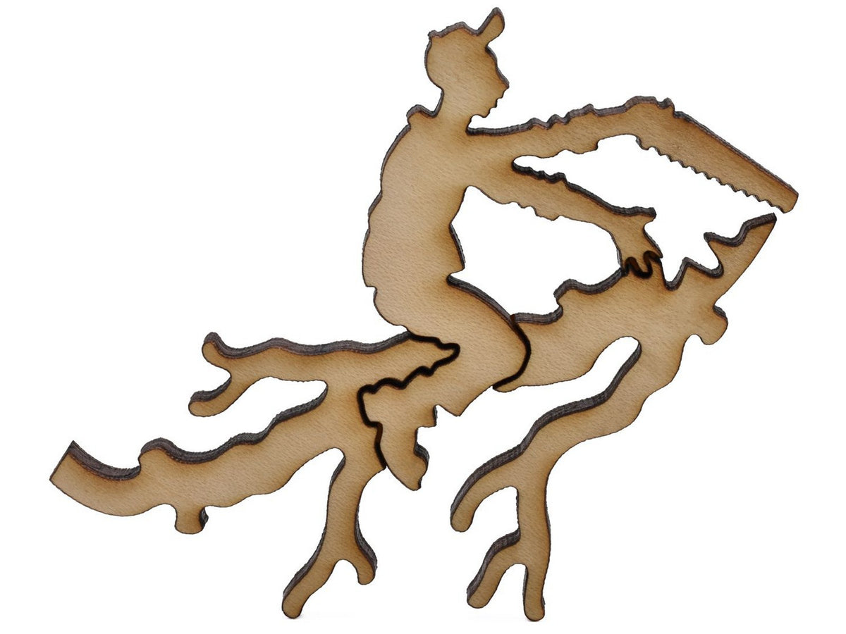 A closeup of pieces shaped like a man sawing a tree branch.