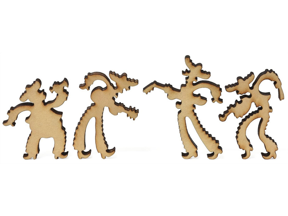 A closeup of pieces showing a mariachi band.