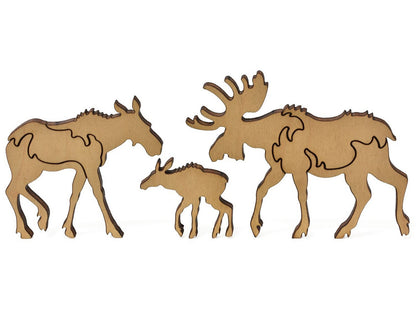 A closeup of pieces showing a family of moose.