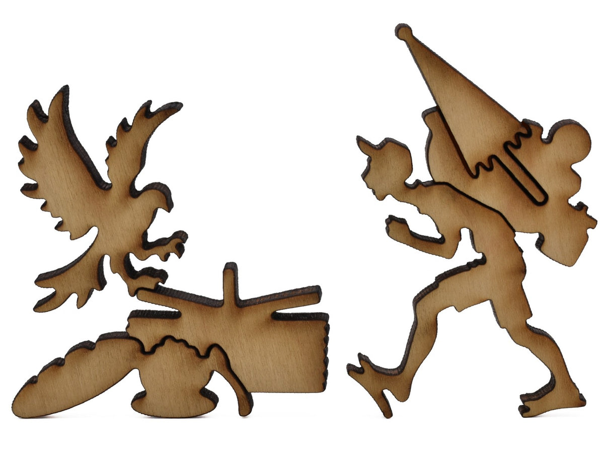 A closeup of pieces shaped like a bird on a picnic basket and a man carrying supplies to the beach.