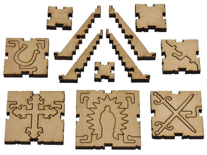 A closeup of pieces that can be put together to build a 3D pyramid in Illustrated Map of the Republic of Mexico.