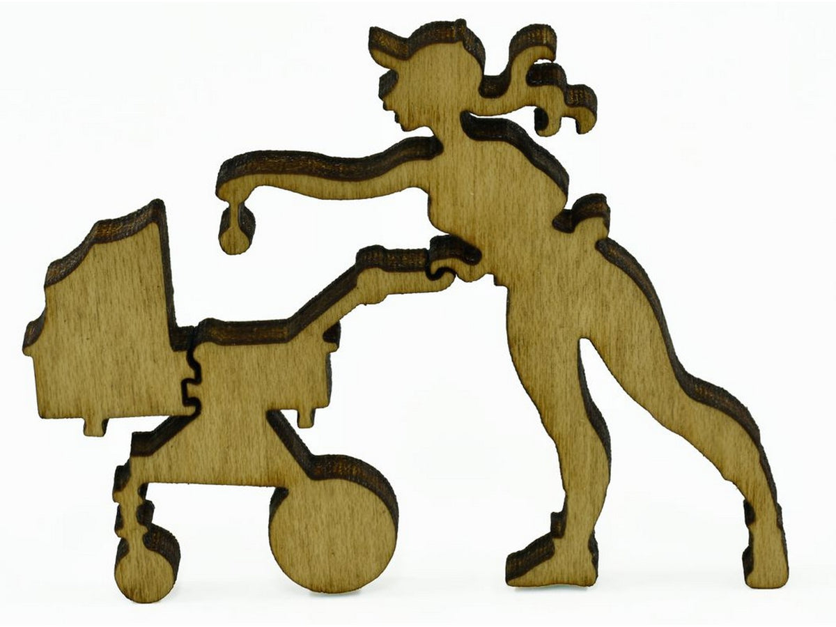  A closeup of pieces showing a woman entertaining a baby in a stroller.