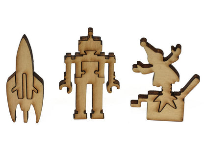 A closeup of pieces showing a jack in the box, rocket ship, and toy robot.