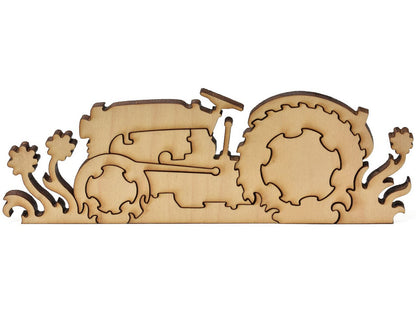 A closeup of pieces showing a multi-piece tractor.