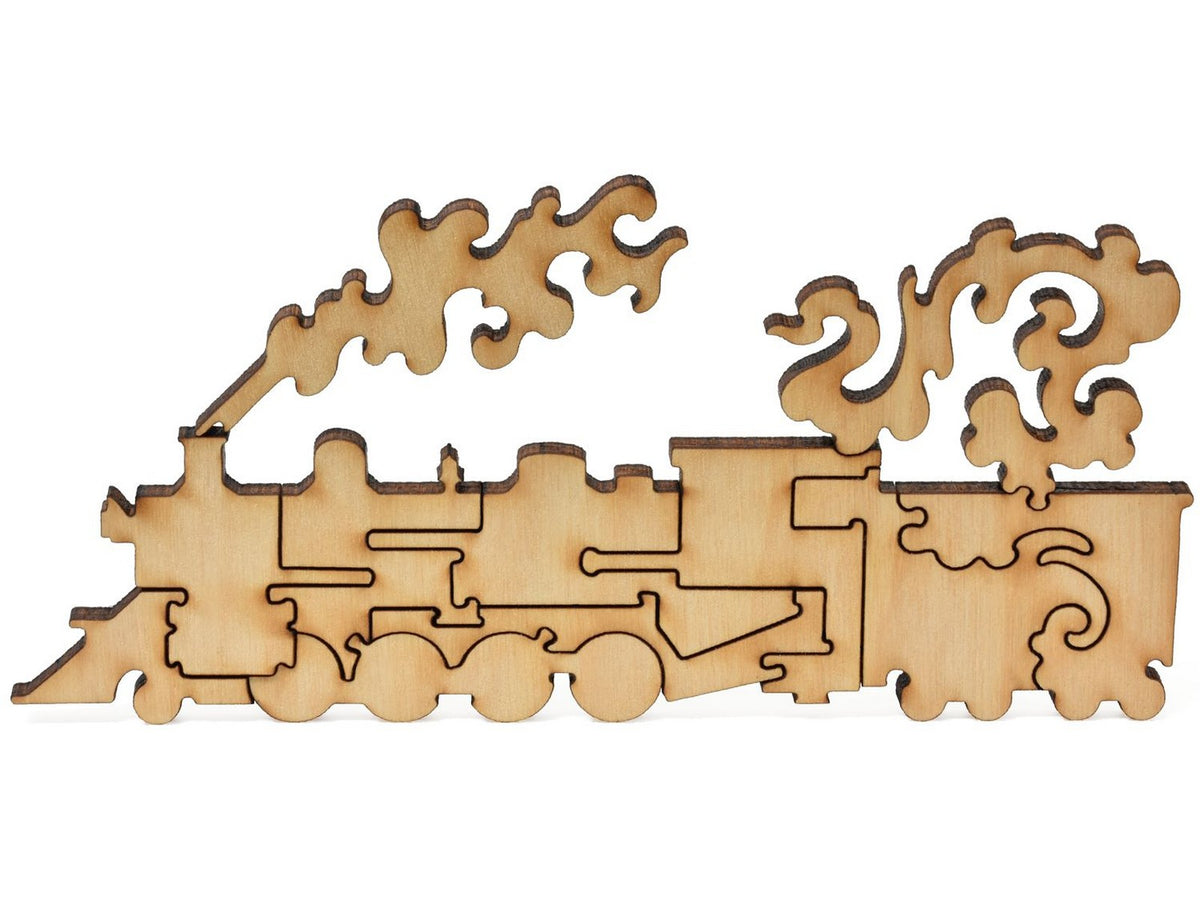 A closeup of pieces showing a train with smoke.