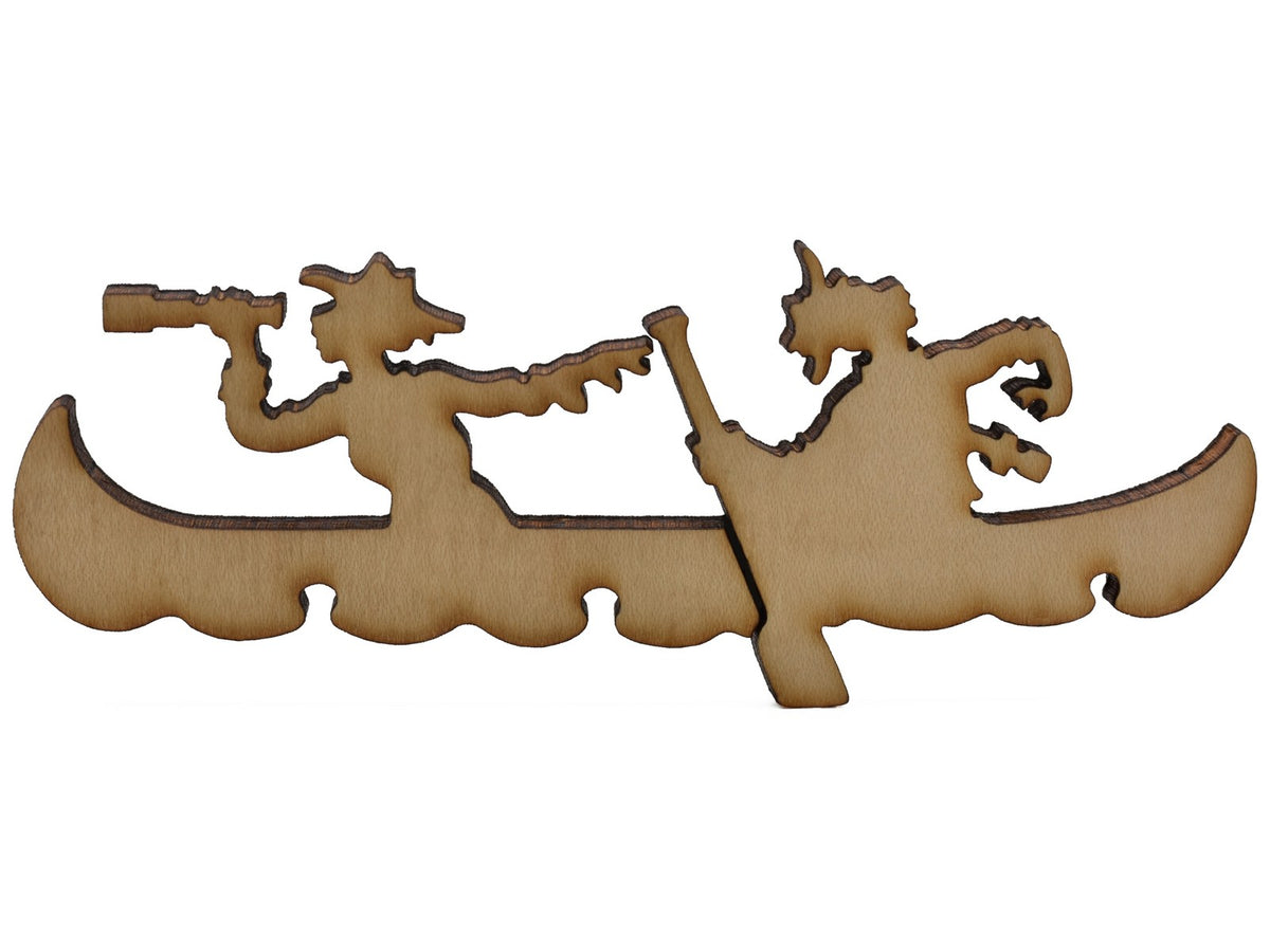 A closeup of pieces shaped like two people in a canoe.