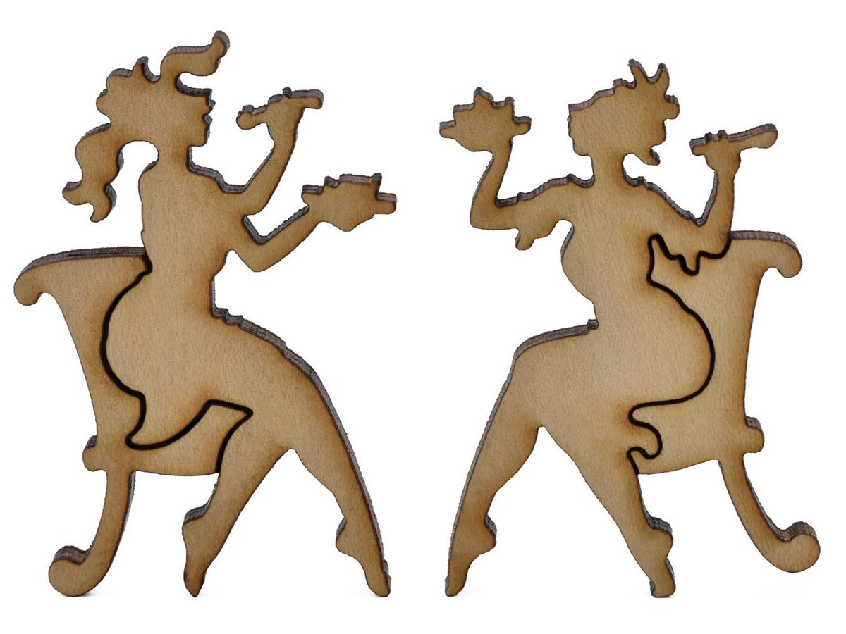 A closeup of pieces shaped like two women eating in chairs.