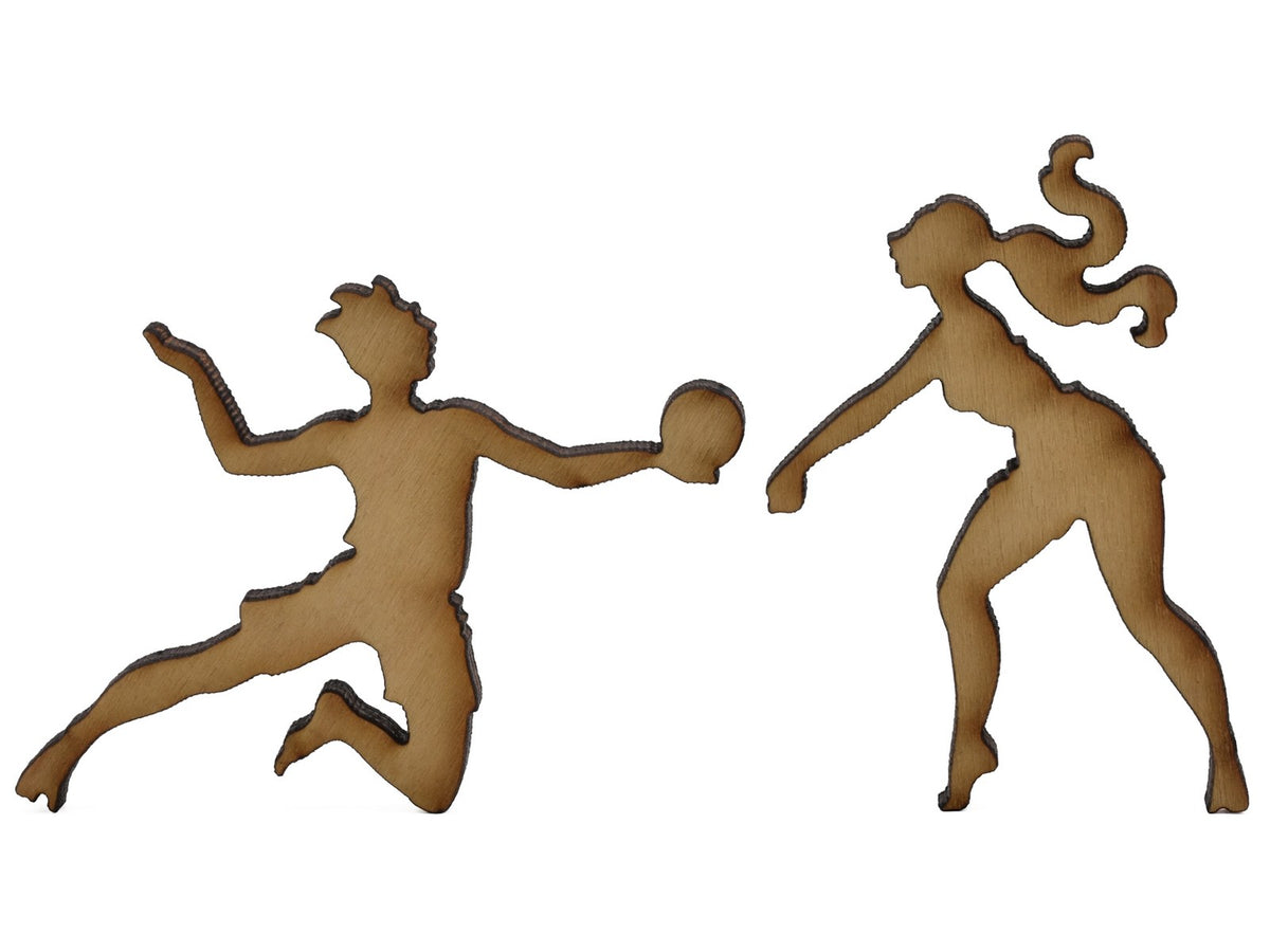 A closeup of pieces shaped like two people playing volleyball.