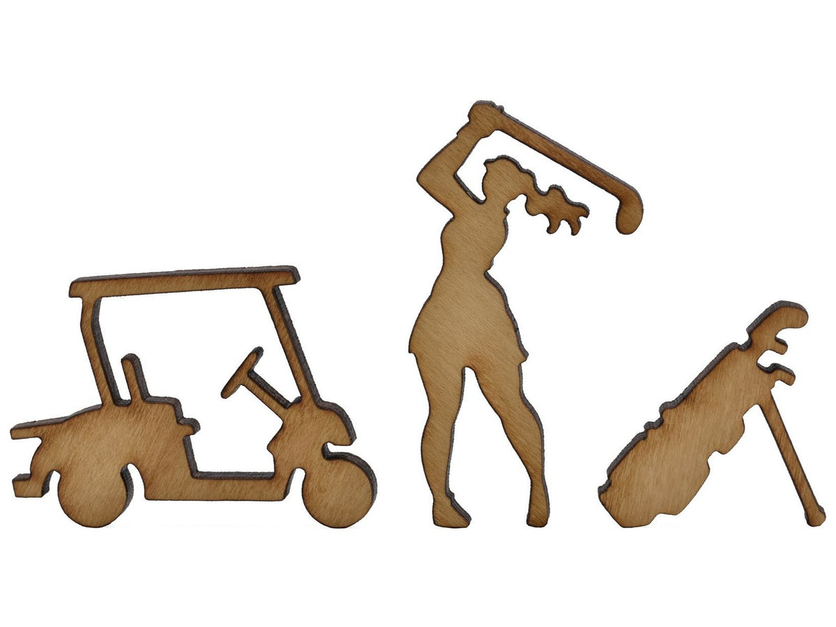 A closeup of pieces showing a woman golfing, a golf cart, and a golf bag.