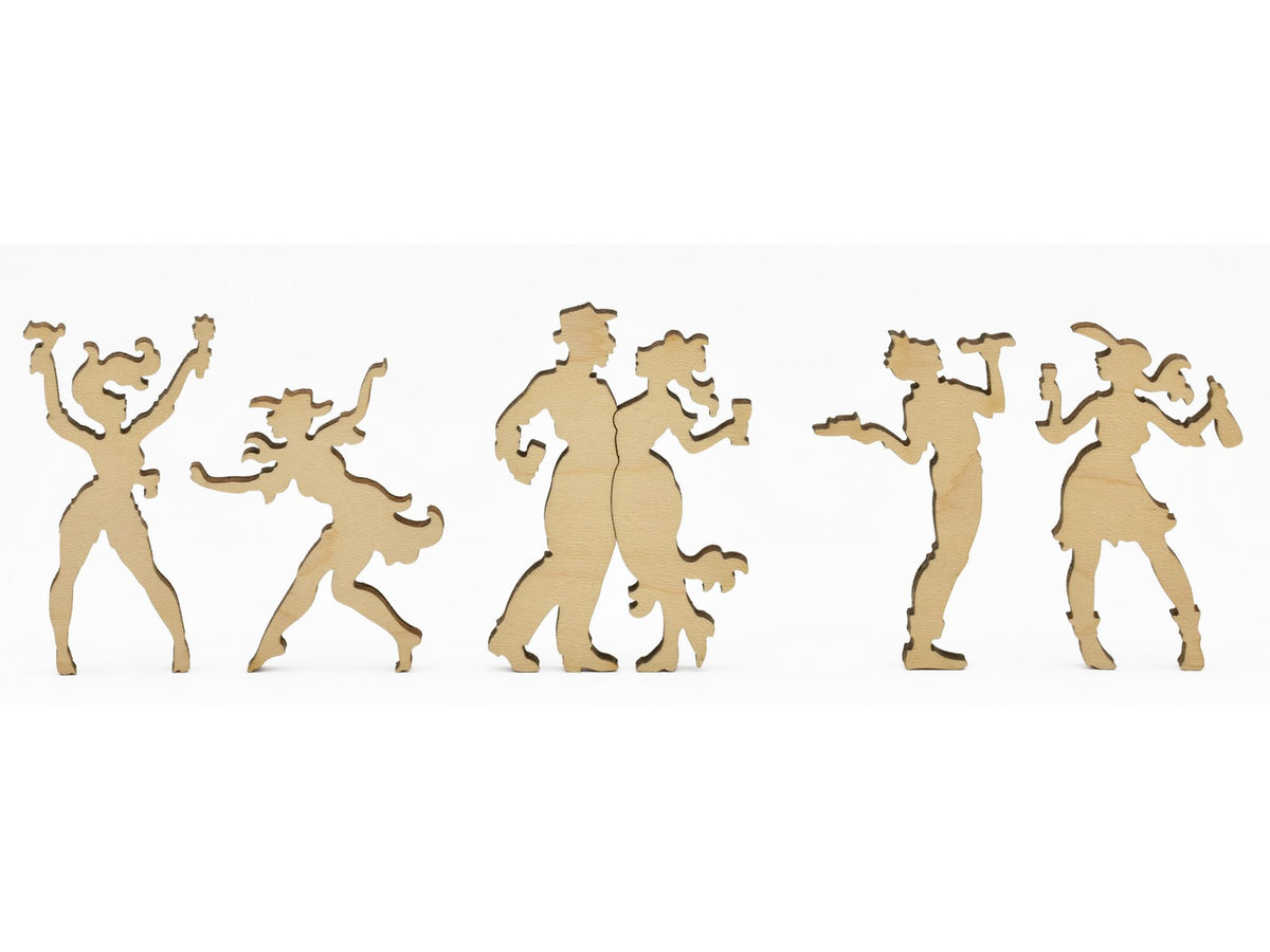 A closeup of pieces showing a numbers of partiers.