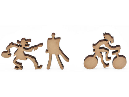 A closeup of pieces in the shape of an artist and a cyclist.