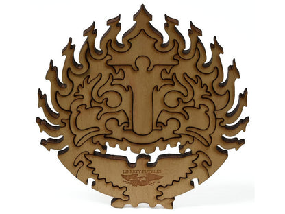 A closeup of pieces showing a mask.