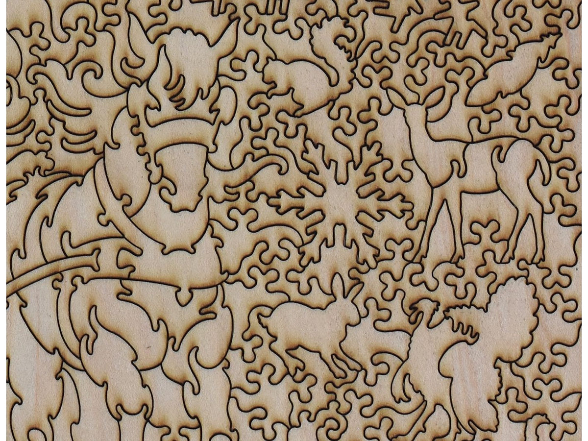 A closeup of the back of the puzzle, A Winter's Day, showing the detail in the pieces.