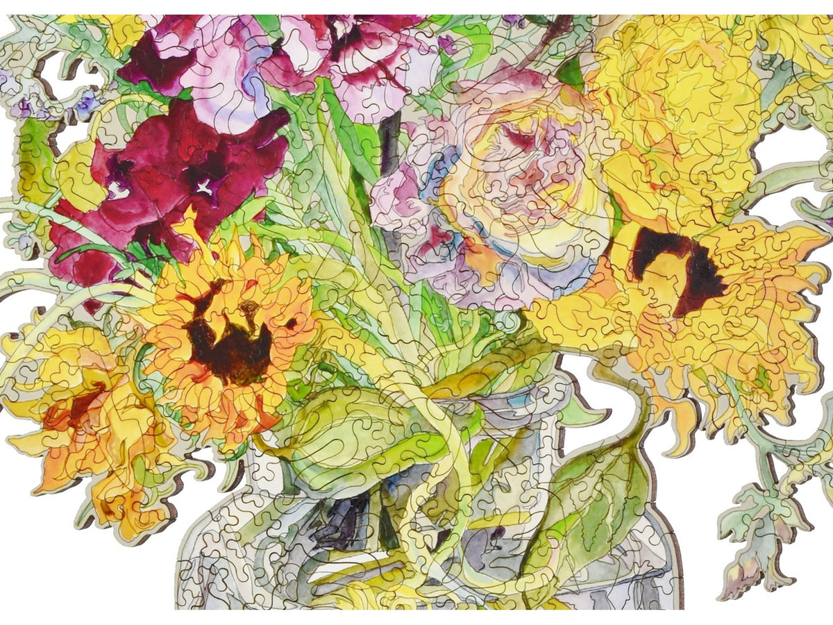 A closeup of the front of the puzzle, English Bouquet, showing the detail in the pieces.