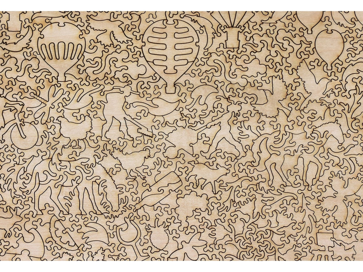 A closeup of the back of the puzzle, Balloons Over Farmland, showing the detail in the pieces.