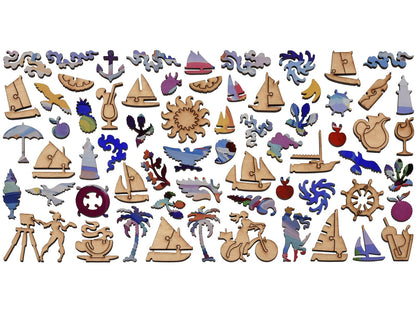 The whimsy pieces that can be found in the puzzle, Beachside Palette.