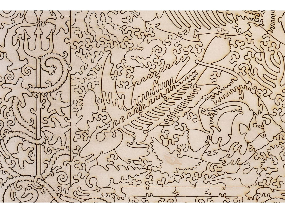 A closeup of the back of the puzzle, Beautiful Fishes of the Deep, showing the detail in the pieces.