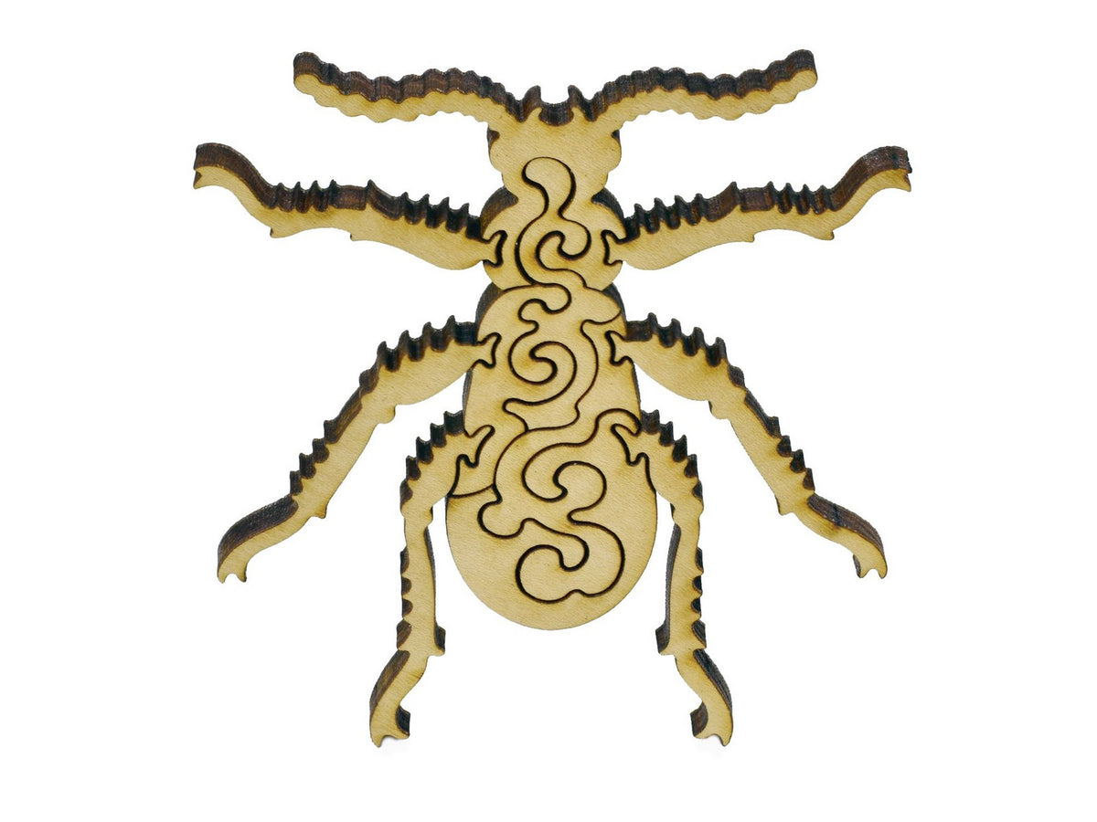 A closeup of pieces in the shape of a beetle.