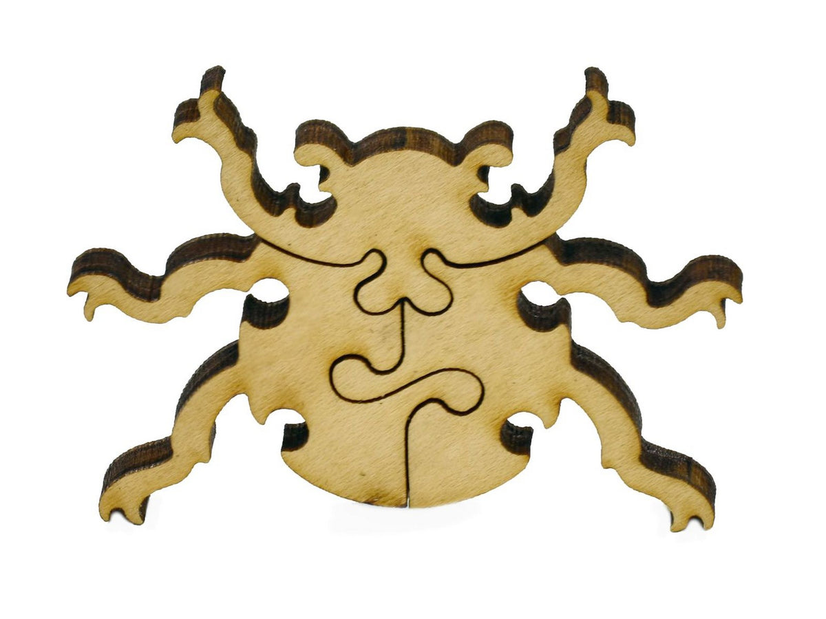 A closeup of pieces in the shape of a beetle.