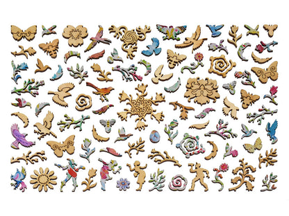 The whimsy pieces that can be found in the puzzle, Birds, Flowers and Eggs.